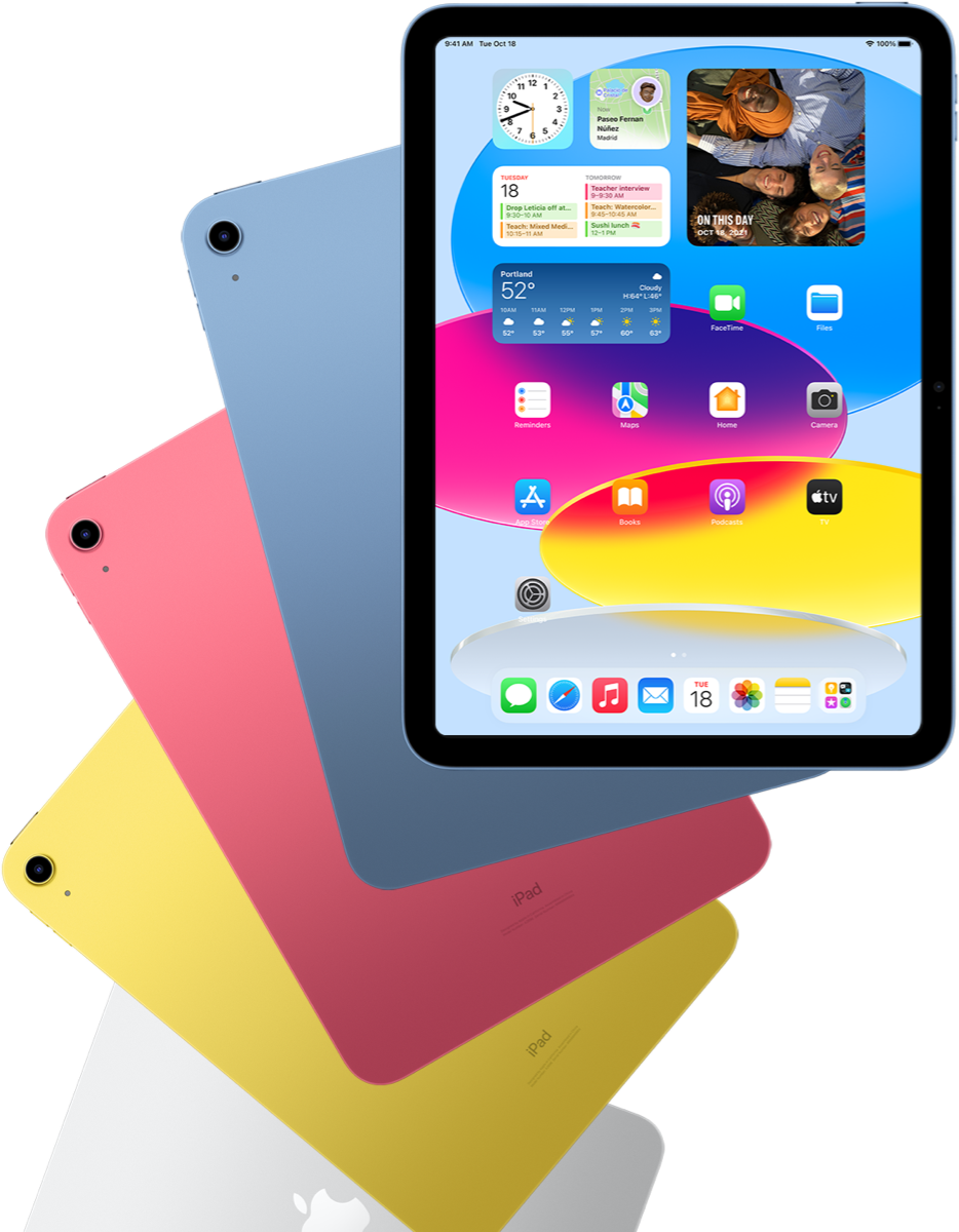 Vooraanzicht van een iPad met beginscherm, met daarachter een aantal iPads met een blauwe, roze, gele en zilverkleurige achterkant.