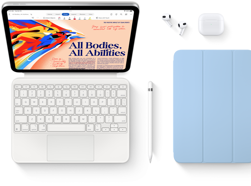 Afbeelding van iPad, Magic Keyboard Folio, Apple Pencil, AirPods en Smart Folio.