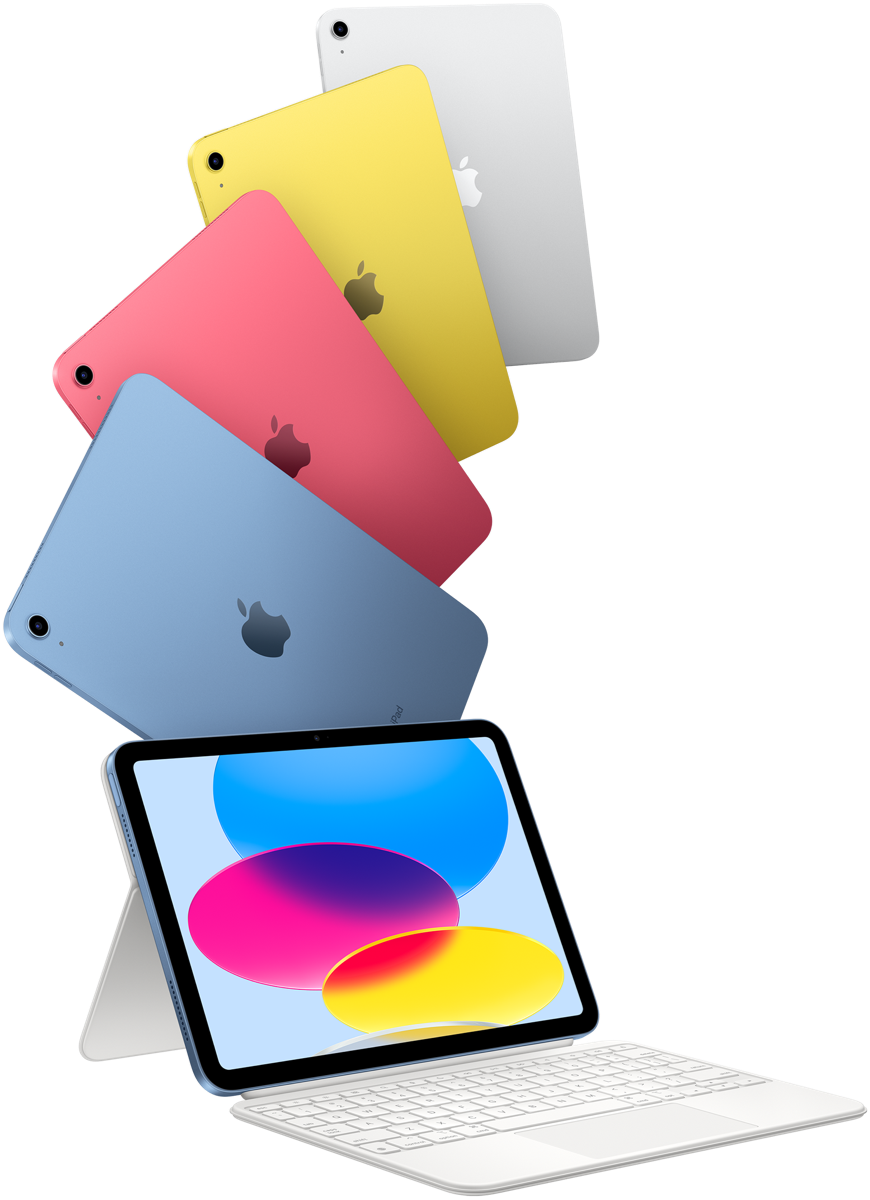 iPad in blauw, roze, geel en zilver en één iPad waaraan een Magic Keyboard Folio is vastgeklikt.