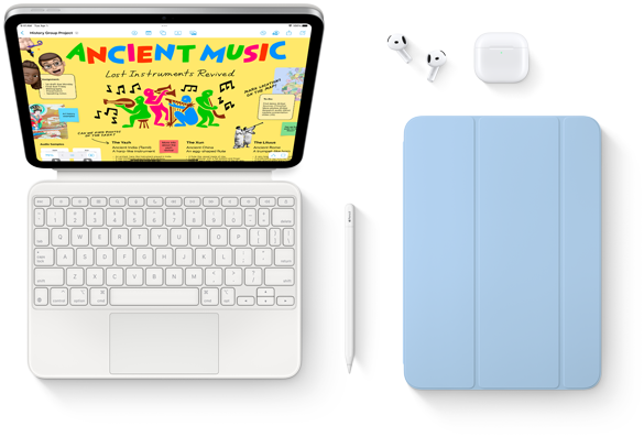 Afbeelding van iPad, Magic Keyboard Folio, Apple Pencil, AirPods en Smart Folio.