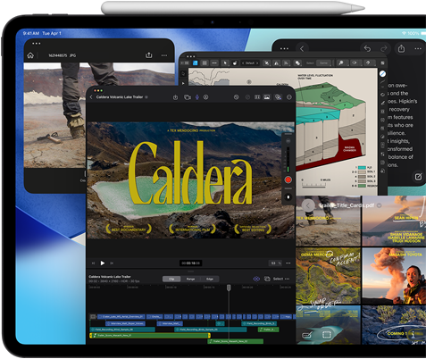 Vooraanzicht van iPad Pro, horizontale stand, kleur spacezwart, Apple Pencil ligt op het device, display met meerdere appvensters naast elkaar geopend, waaronder Final Cut Pro met meerdere videobewerkingsfeatures en een tijdlijn, Kaarten, Notities en verschillende mediafragmenten