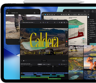 Vooraanzicht van iPad Pro, horizontale stand, kleur spacezwart, Apple Pencil ligt op het device, display met meerdere appvensters naast elkaar geopend, waaronder Final Cut Pro met meerdere videobewerkingsfeatures en een tijdlijn, Kaarten, Notities en verschillende mediafragmenten