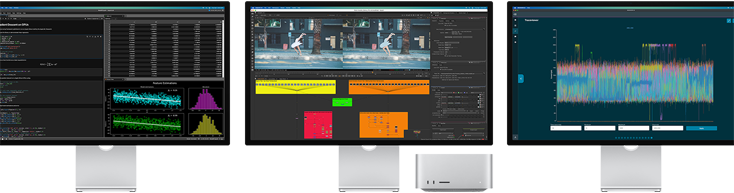 Mac Studio en drie Studio Displays, allemaal met verschillende macOS-apps op het scherm