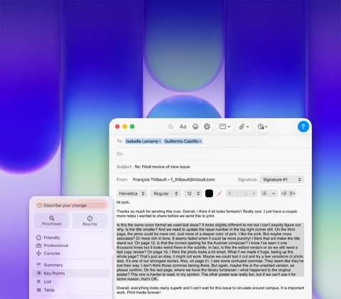 Scherm van MacBook Neo, met Apple Intelligence-feature Schrijfhulp in Mail om een lange alinea na te kijken in een e-mail met feedback over een publicatie