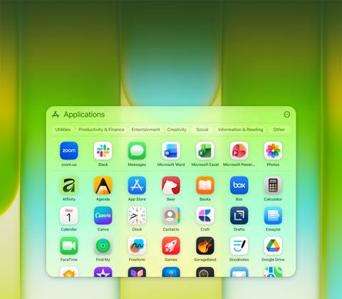 Scherm van MacBook Neo met het Apps-venster met allerlei verschillende apps