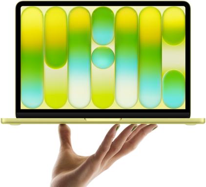 MacBook Neo in de kleur Citrus, balancerend op de vingertoppen van een open hand, op het scherm wordt een kleurrijk abstract patroon weergegeven