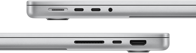 Zijaanzicht van de poorten van de 14‑inch MacBook Pro met M3 Pro-chip: MagSafe-poort, twee Thunderbolt 4-poorten en mini-jack-aansluiting aan de linkerkant, SDXC-kaartsleuf, één Thunderbolt 4-poort en HDMI-poort aan de rechterkant