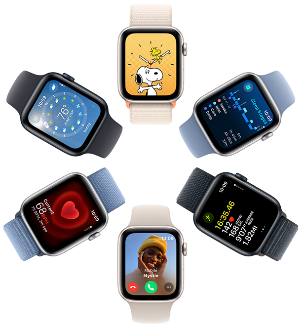 Een bovenaanzicht van zes exemplaren van een Apple Watch SE, met op het scherm respectievelijk een Snoopy-achtergrond, inzichten in de Slaap‑app, work‑outgegevens in de Work‑out‑app, een inkomend gesprek, hartslag-gegevens en de Weer‑app.