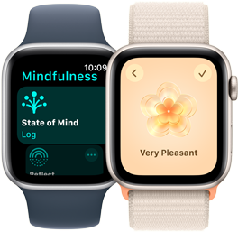 Twee Apple Watch SE-modellen. Op het ene exemplaar is de Mindfulness‑app te zien met Gemoedstoestand gemarkeerd. Op het andere is de gemoedstoestand Aangenaam geselecteerd.