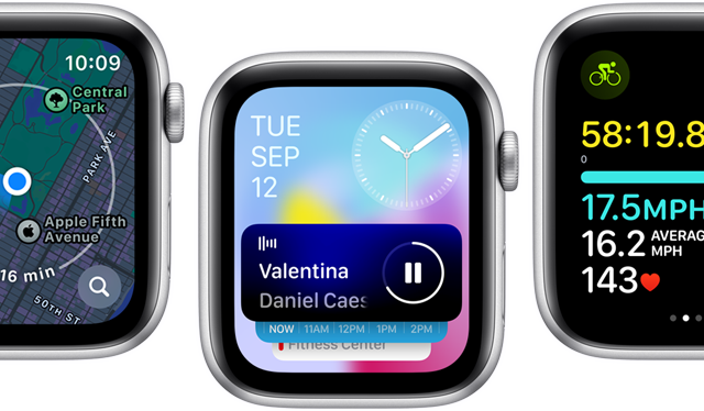 Vooraanzicht van Apple Watch SE-schermen met daarop een vernieuwde app.