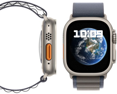 Voor- en zijaanzicht van de nieuwe CO₂-neutrale Apple Watch Ultra 2