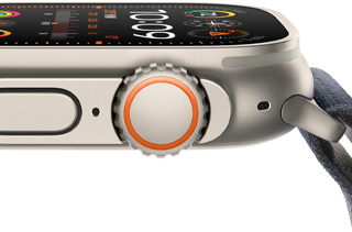 Apple Watch Ultra 2 met robuuste kast van titanium, vlakke voorkant, Digital Crown en knop aan de zijkant
