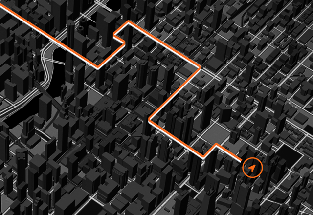 Kaart met gemarkeerde route door stad met hoge gebouwen om nauwkeurige gps-voorziening aan te geven