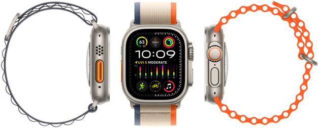 Apple Watch Ultra 2 met drie verschillende compatibele bandjes, groot display, robuuste kast van titanium, oranje actieknop en Digital Crown