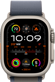 Apple Watch Ultra 2 met blauw Alpine-bandje en wijzerplaat met functies als gps, temperatuur, kompas, hoogte en work-outgegevens