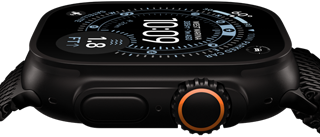 Apple Watch Ultra 3, zijkant, kast van zwart titanium, kompas op wijzerplaat Oriëntatie, zijknop en Digital Crown